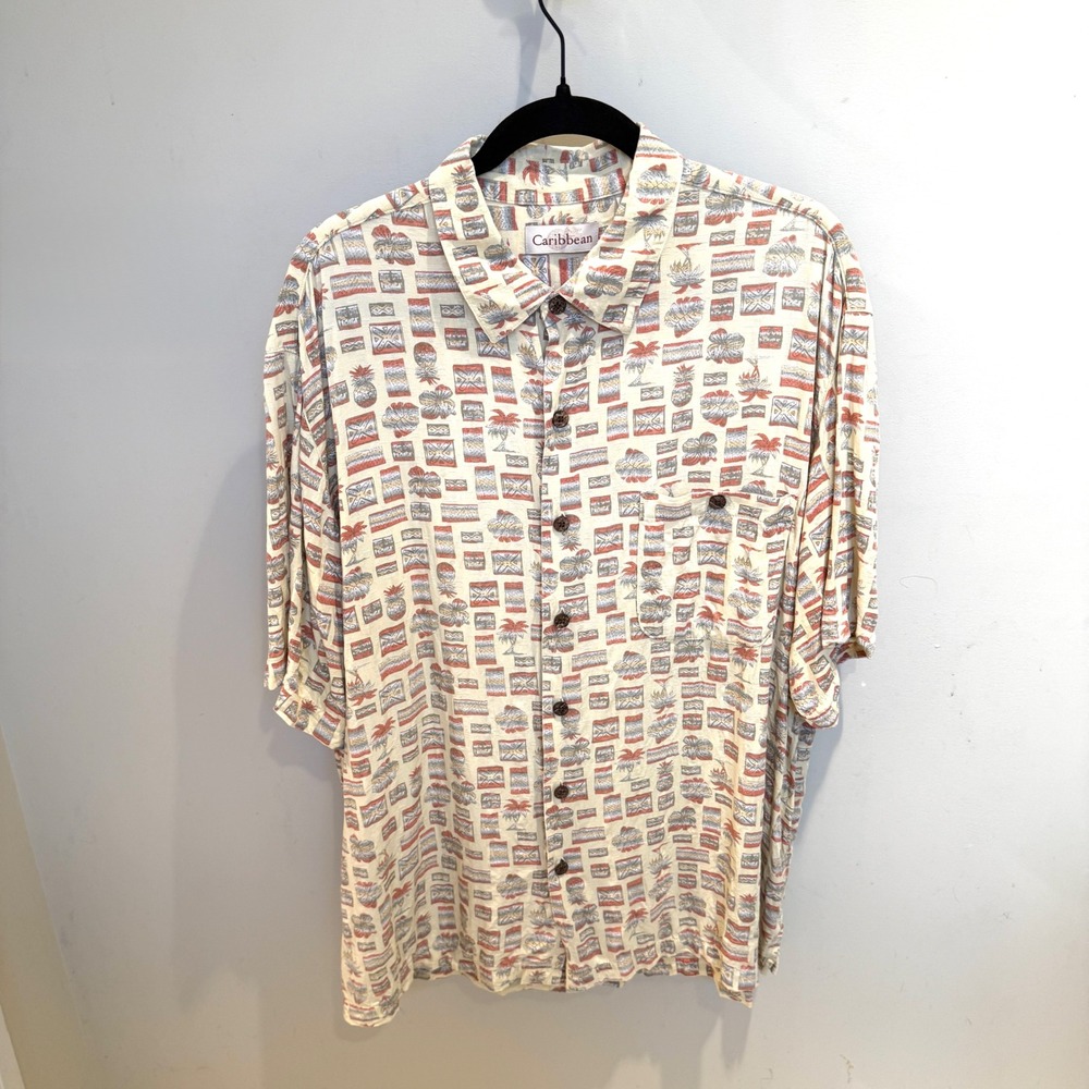 Caribbean Mens XL Tropical Tribal Rayon Short Sleeve Hawaiian‎ Camp Shirt Cream